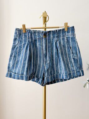 American Eagle Striped Denim Shorts | Elastic Waist | Pleated | Size 6
